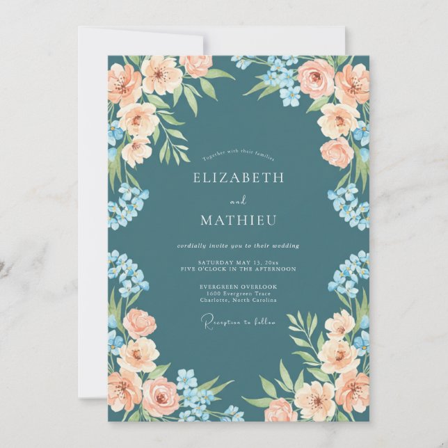 Invitación Boda Flor Romántica Verde Teal (Anverso)