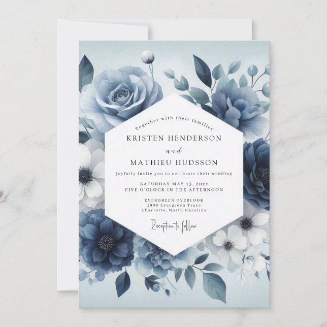 Invitación Boda Flor Serena Azul Pizarra (Anverso)