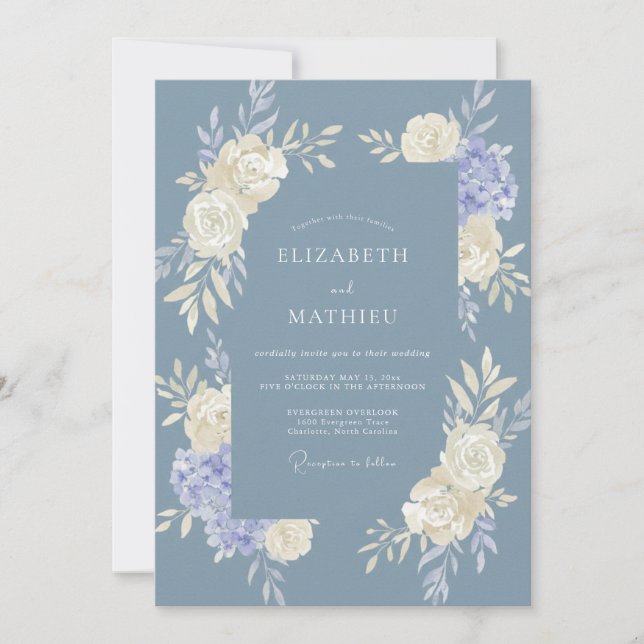 Invitación Boda Flor Serena Azul Polvoriento (Anverso)