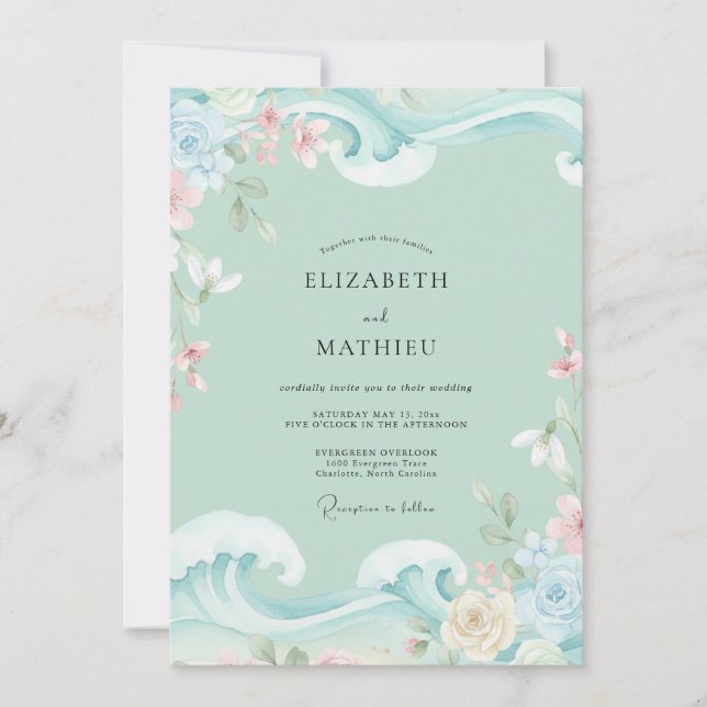 Invitación Boda Flor Silvestre Acuática Menta (Anverso)