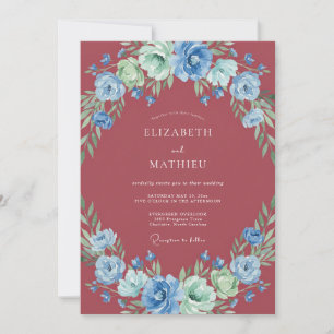 Invitación Boda Flor Silvestre Azul Burdeos