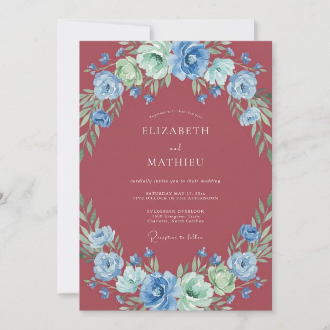 Invitación Boda Flor Silvestre Azul Burdeos (Anverso)