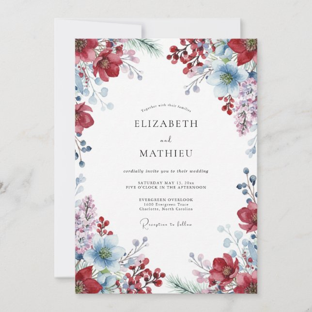 Invitación Boda Flor Silvestre Azure Vino (Anverso)