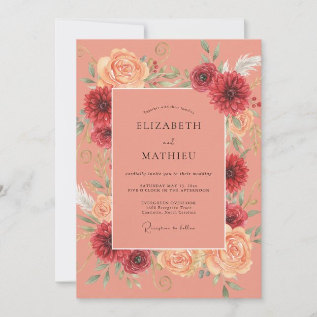 Invitación Boda Flor Silvestre Carmesí Salmón (Anverso)