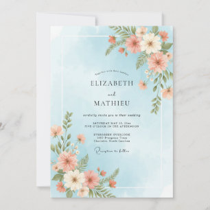 Invitación Boda Flor Silvestre Coral Azul Polvo
