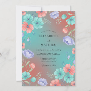 Invitación Boda Flor Silvestre Melocotón Verde Acuático