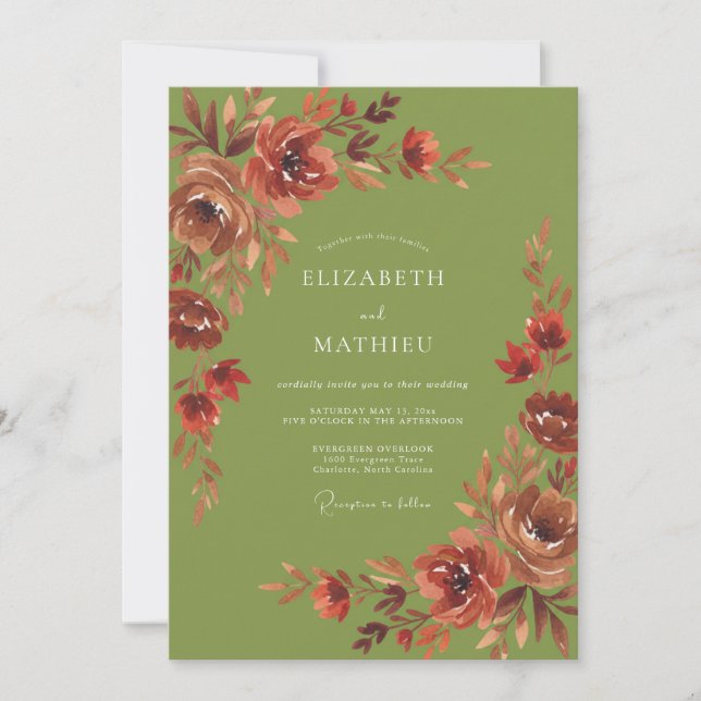 Invitación Boda Flor Silvestre Oliva Oxidada (Anverso)