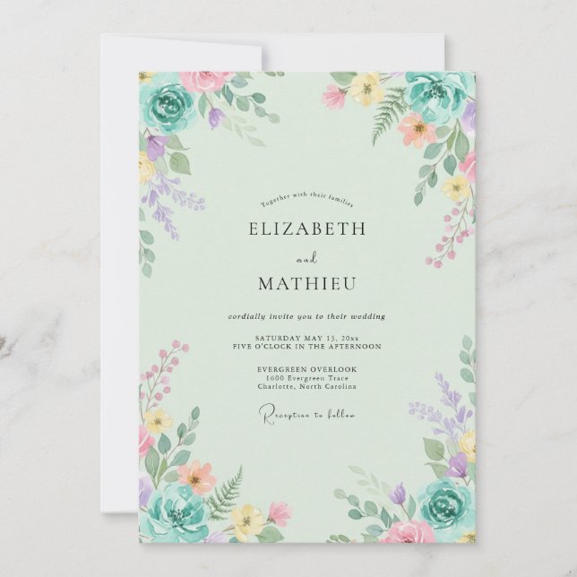 Invitación Boda Flor Silvestre Periwinkle Menta (Anverso)