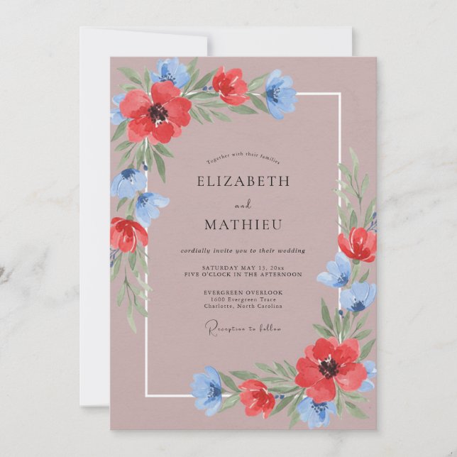 Invitación Boda Flor Silvestre Roja Malva (Anverso)