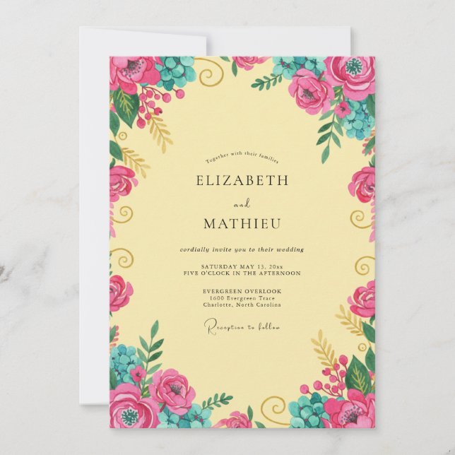 Invitación Boda Flor Silvestre Rosa Amarillo (Anverso)