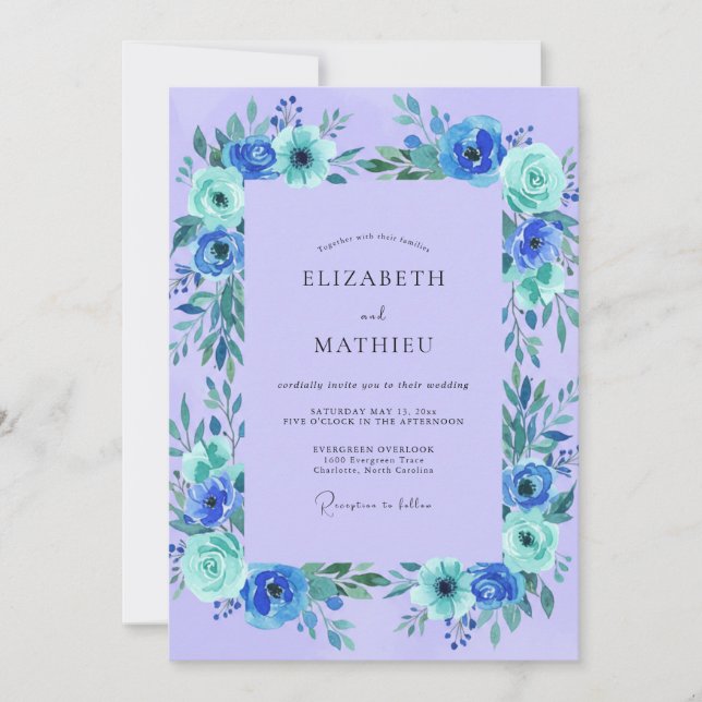 Invitación Boda Flor Silvestre Turquesa Periwinkle (Anverso)