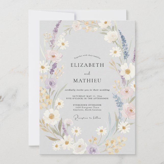 Invitación Boda Flor Silvestre Violeta Plateada (Anverso)