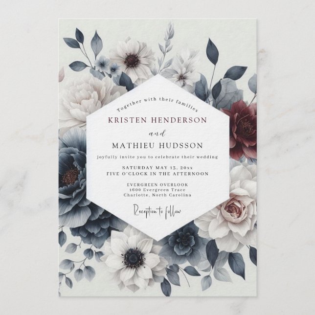 Invitación Boda Flor Slate Burgundy Moody (Anverso)