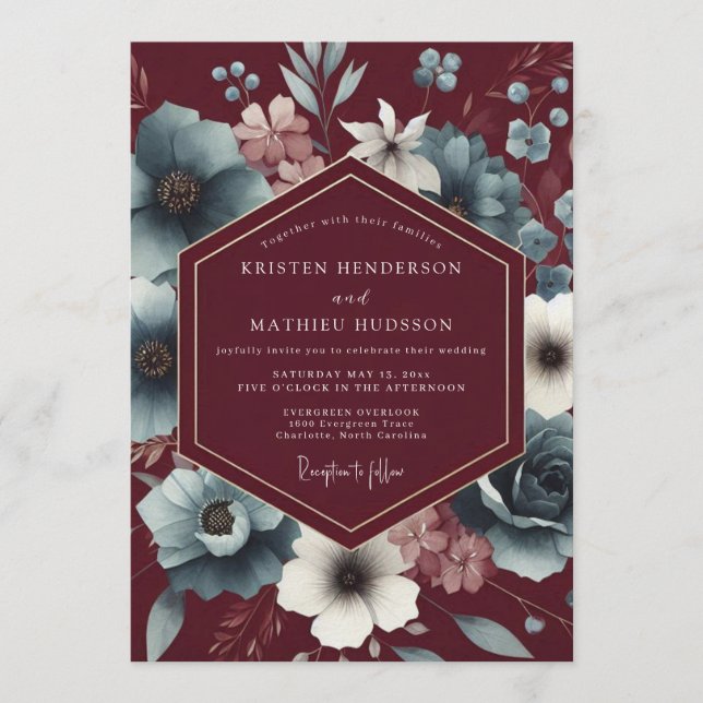 Invitación Boda Flor Sombría Pizarra Granate (Anverso)