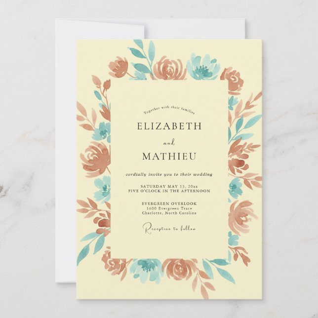 Invitación Boda Flor Terracota Cian (Anverso)