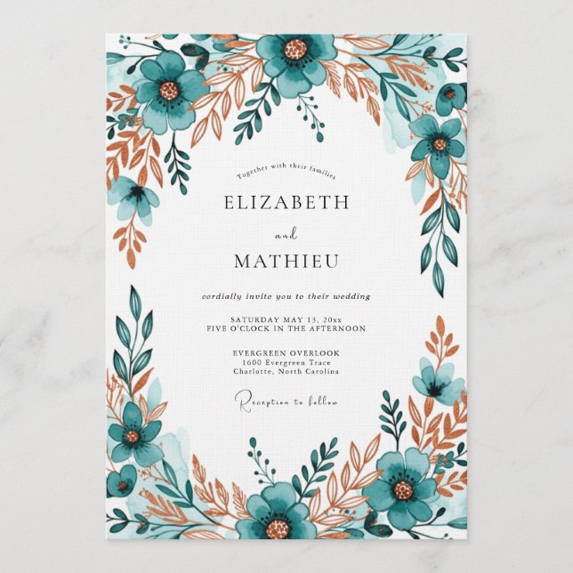Invitación Boda Flor Verde Teal (Anverso)