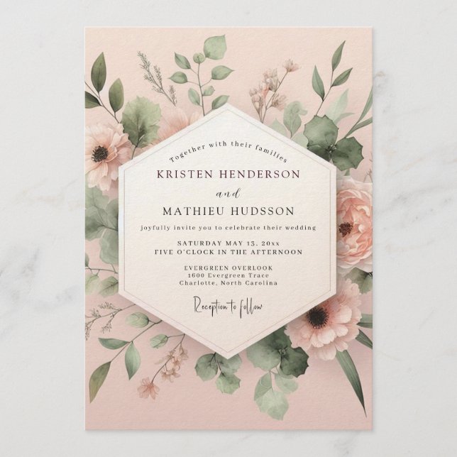 Invitación Boda Flora Aquarela Blush Sage (Anverso)