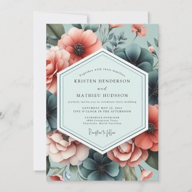 Invitación Boda Flora Artística Coral Pizarra (Anverso)