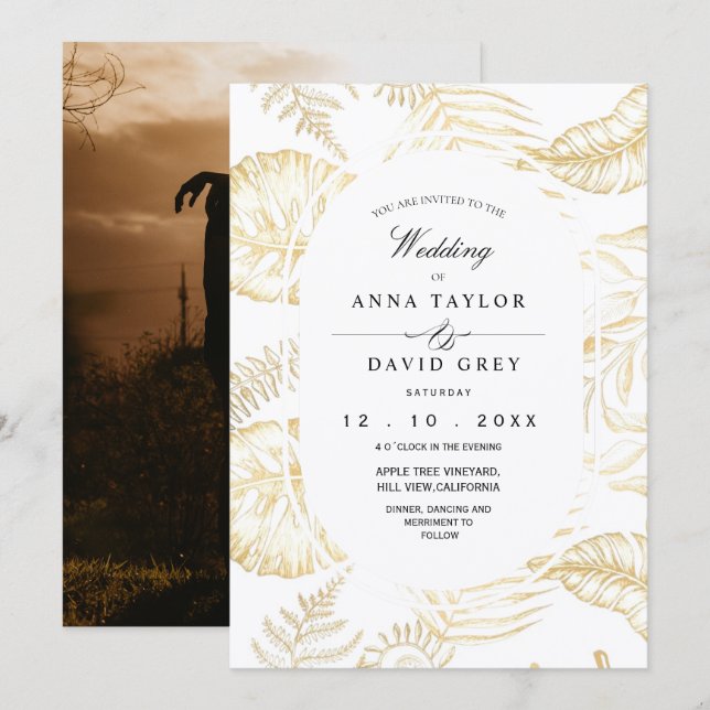 Invitación Boda Flora Blanca Dorada Elegante  (Anverso / Reverso)