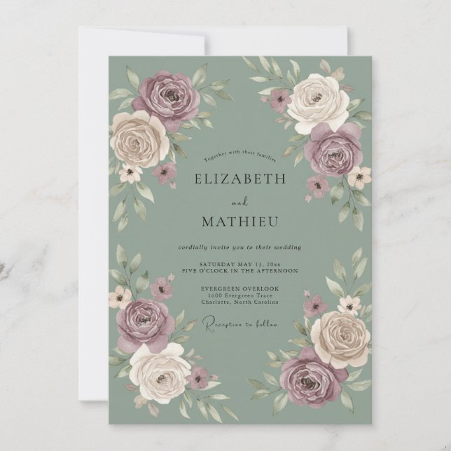 Invitación Boda Flora Botánica Rosa Malva (Anverso)