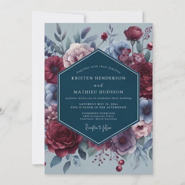 Invitación Boda Flora Carmesí Sombrío Slate (Anverso)