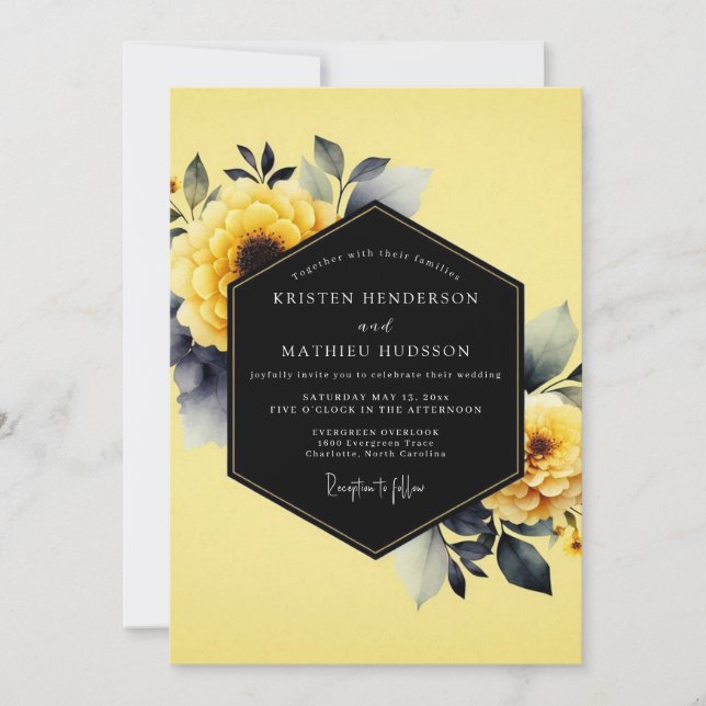 Invitación Boda Flora con lavado de tinta amarilla (Anverso)