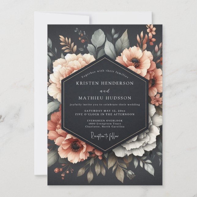 Invitación Boda Flora Coral Grafito Sombría (Anverso)