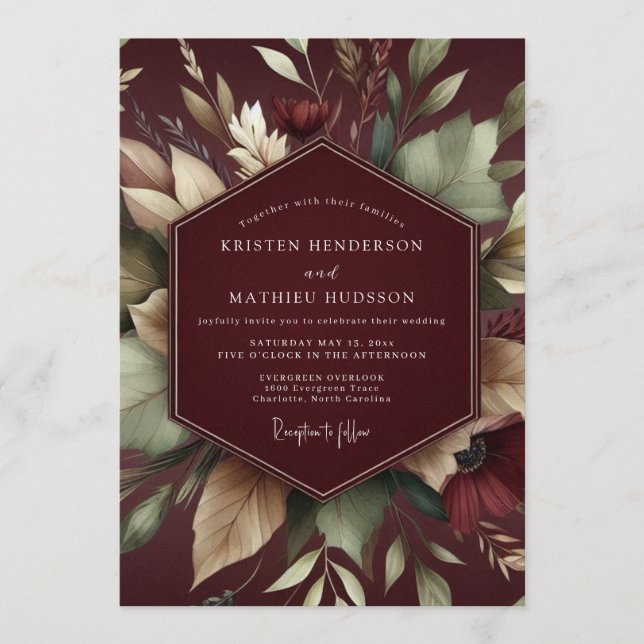Invitación Boda Flora de Terciopelo Borgoña (Anverso)