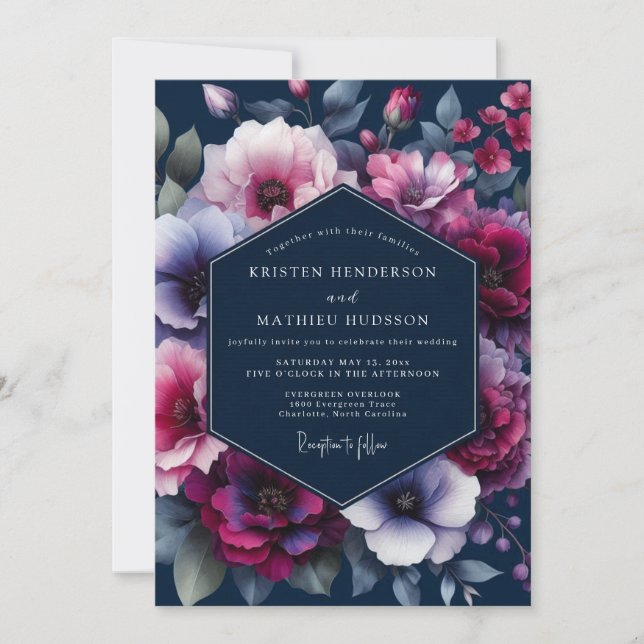 Invitación Boda Flora de tono de joya de la Marina (Anverso)