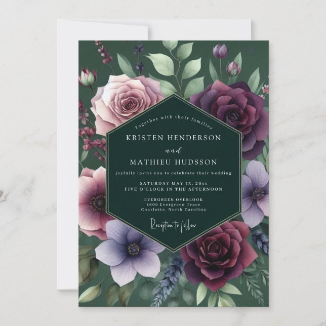 Invitación Boda Flora de Tonos Esmeralda (Anverso)