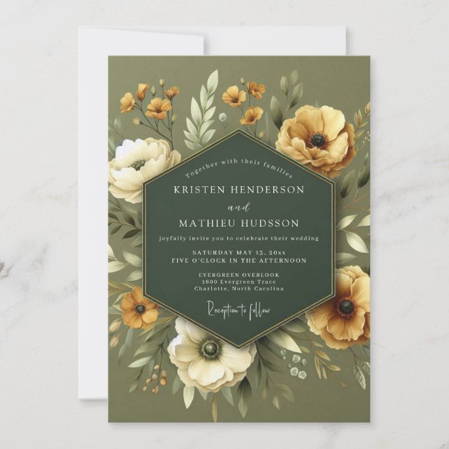 Invitación Boda Flora de Vara de Oro Sage (Anverso)