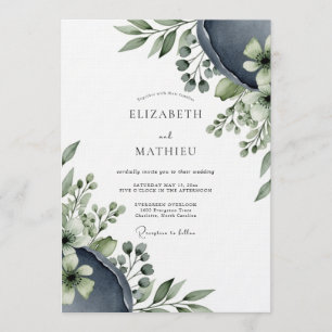Invitación Boda Flora Etérea Azul Pizarra