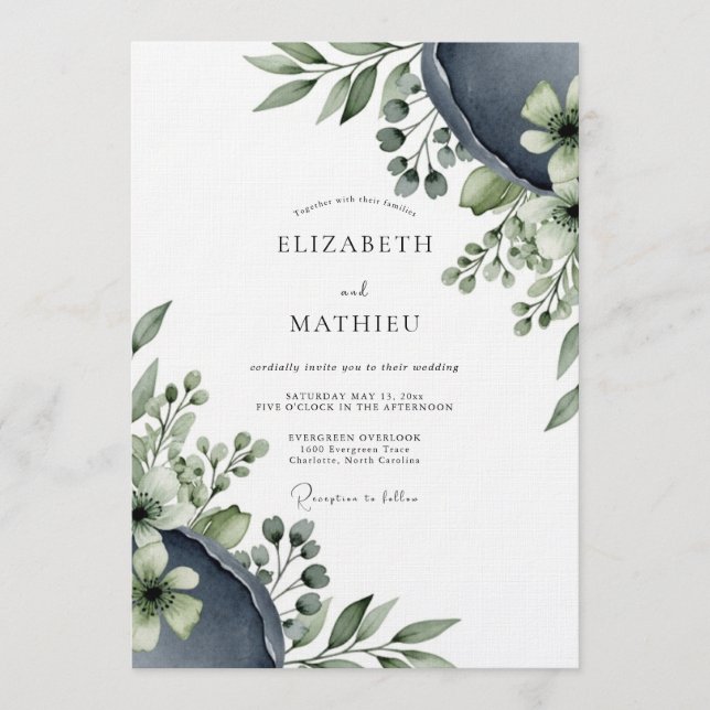 Invitación Boda Flora Etérea Azul Pizarra (Anverso)