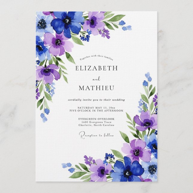 Invitación Boda Flora Etérea Azul Real (Anverso)
