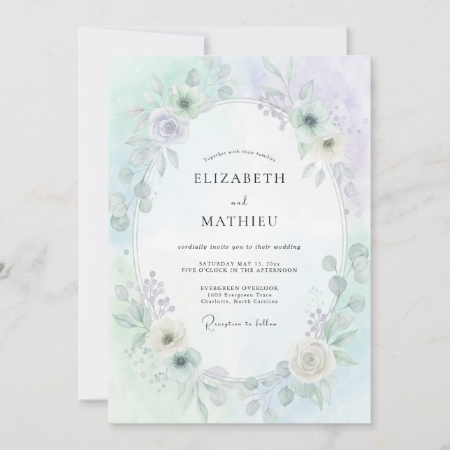 Invitación Boda Flora Etérea Verde Espuma de Mar (Anverso)