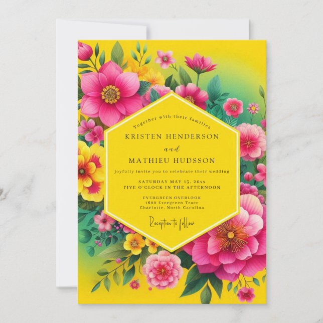 Invitación Boda Flora Fuchsia Canario (Anverso)