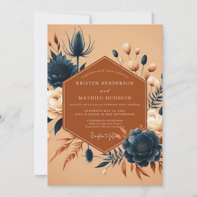 Invitación Boda Flora Índigo Naranja Quemada (Anverso)