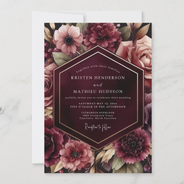 Invitación Boda Flora Luminosa de Borgoña (Anverso)