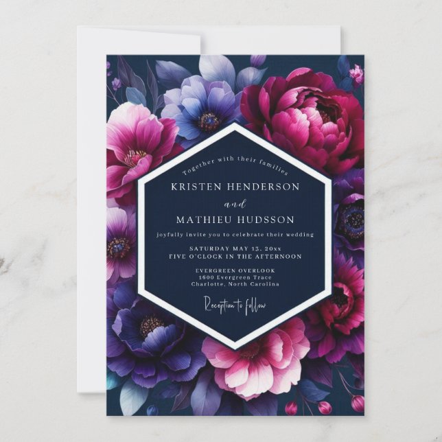 Invitación Boda Flora Medianoche Fucsia (Anverso)