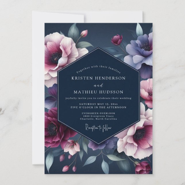 Invitación Boda Flora Medianoche Índigo (Anverso)
