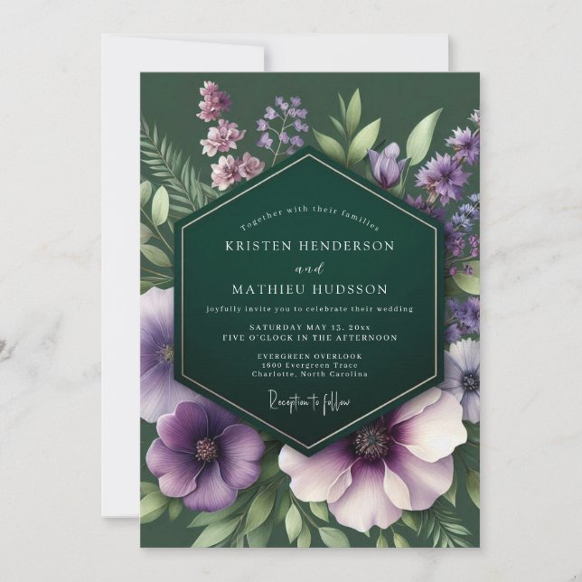 Invitación Boda Flora Moody Ciruela Esmeralda (Anverso)