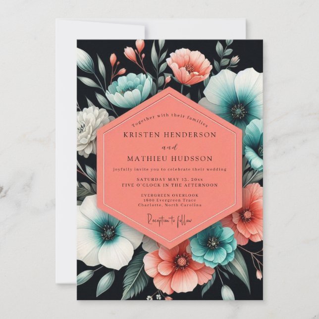 Invitación Boda Flora Moody Coral Teal (Anverso)