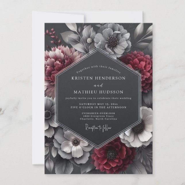 Invitación Boda Flora Nocturno Borgoña (Anverso)