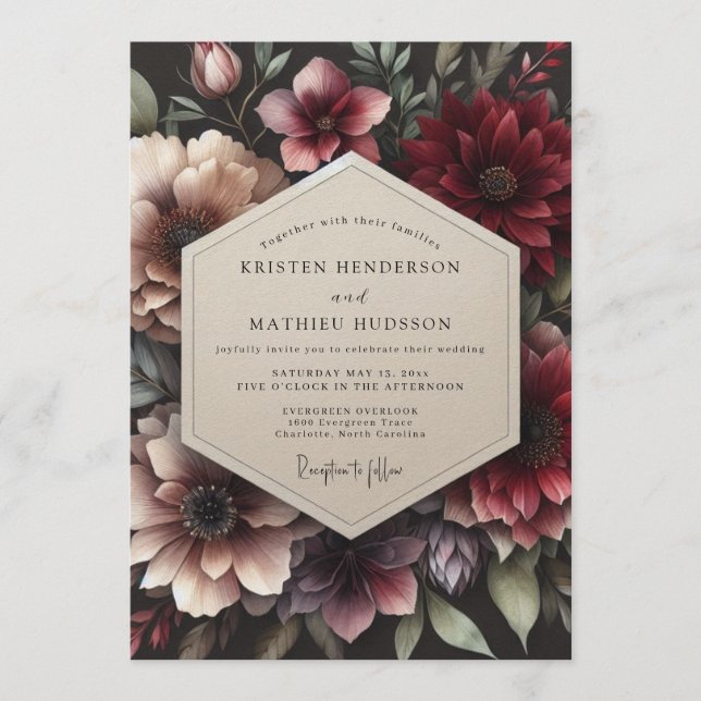 Invitación Boda Flora Opulenta Claret (Anverso)