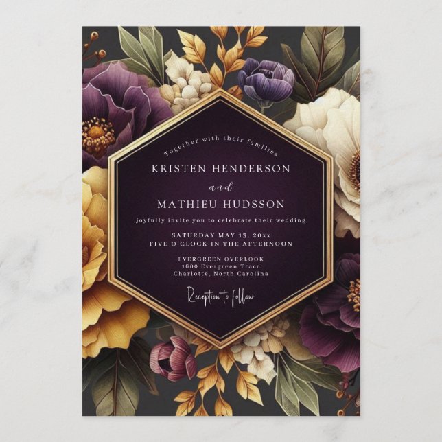Invitación Boda Flora Opulenta Plum Gold (Anverso)