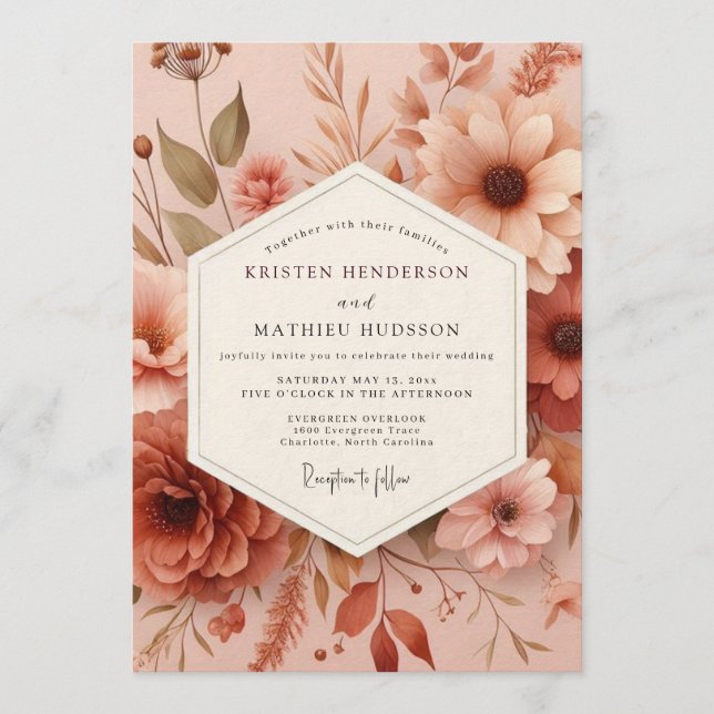 Invitación Boda Flora Otoñal Rosado (Anverso)