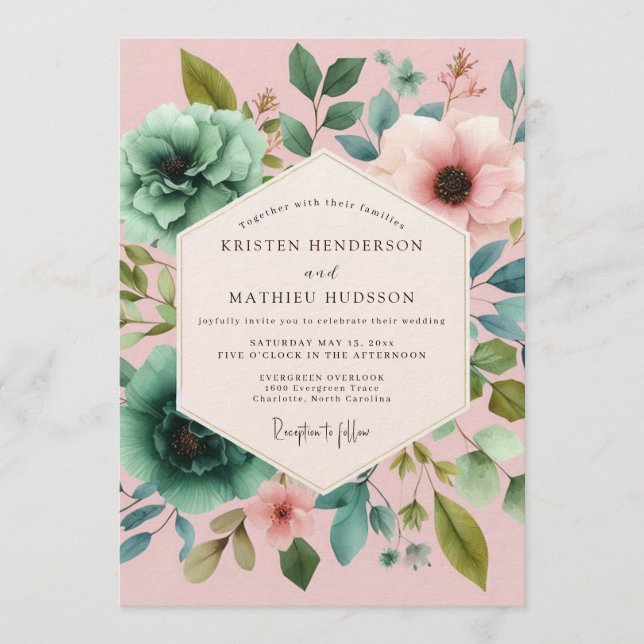Invitación Boda Flora Painterly Azul Rosado (Anverso)