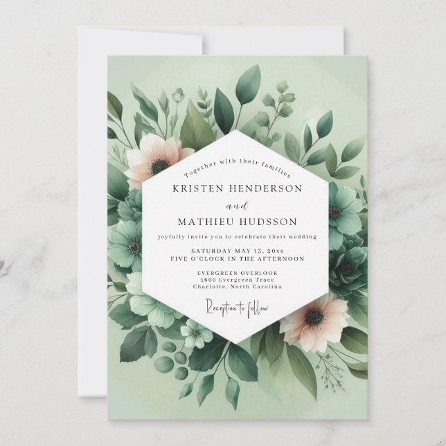 Invitación Boda Flora Painterly Verde Salvia (Anverso)