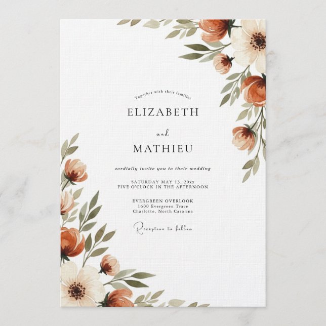 Invitación Boda Flora Pintada Naranja Quemada (Anverso)