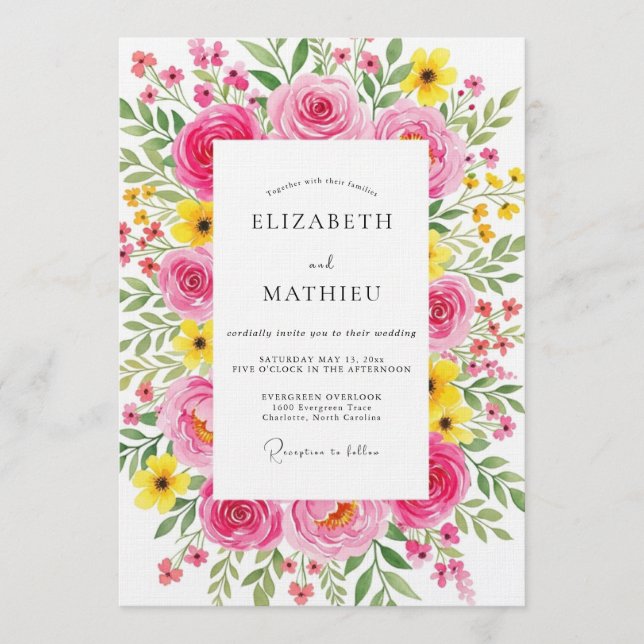 Invitación Boda Flora Pintoresca Fucsia (Anverso)